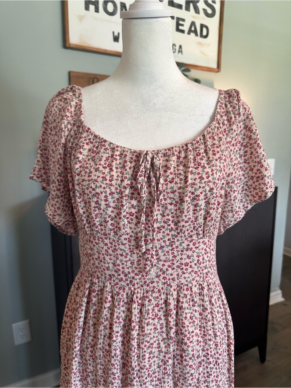 XL rewind pink cream ditsy floral peasant bodice maxi dress corset hippie y2k - Picture 4 of 7